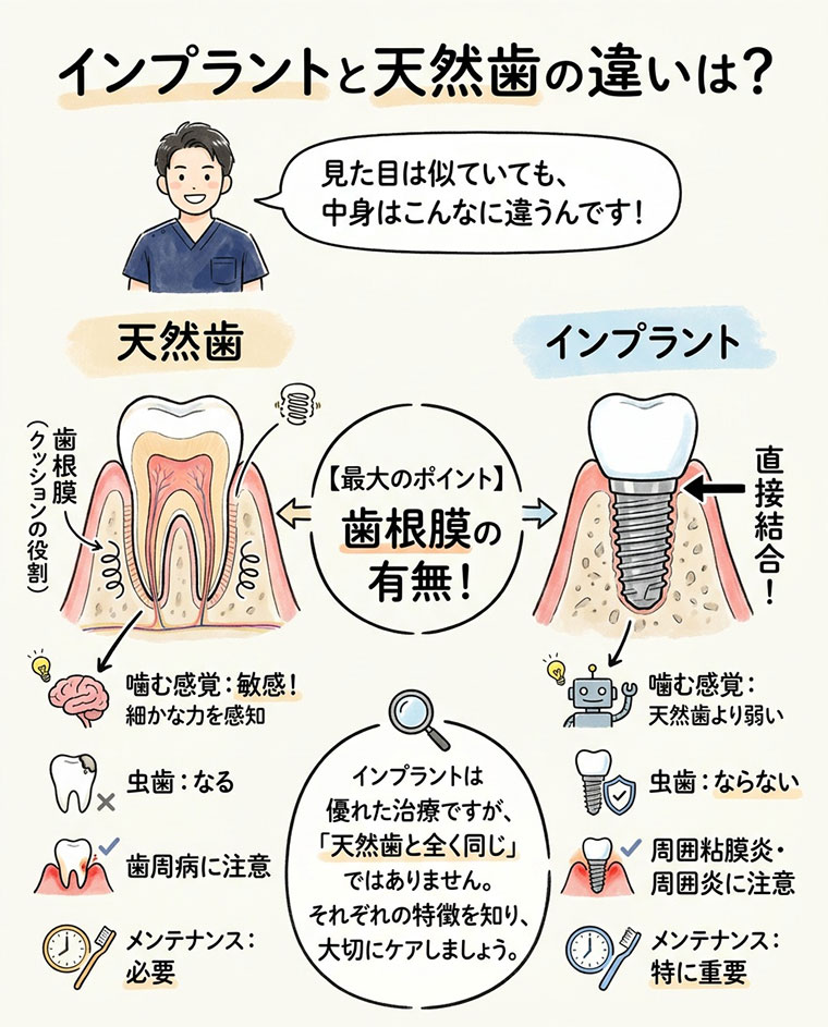 インプラントと天然歯の違いは？の図解
