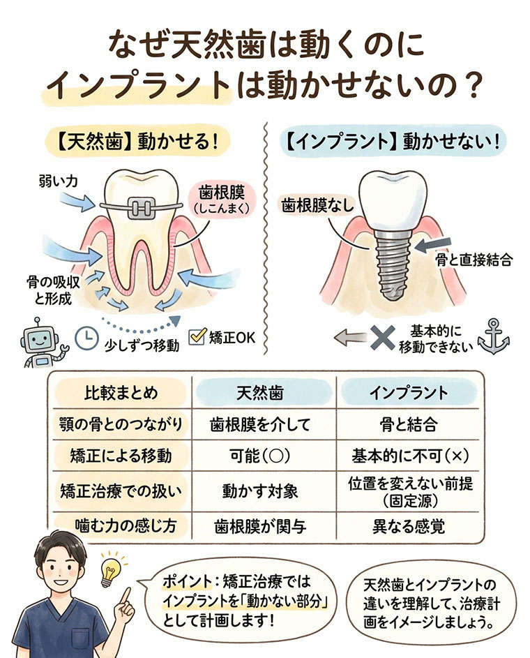 なぜ天然歯は動くのにインプラントは動かせないの？の図解