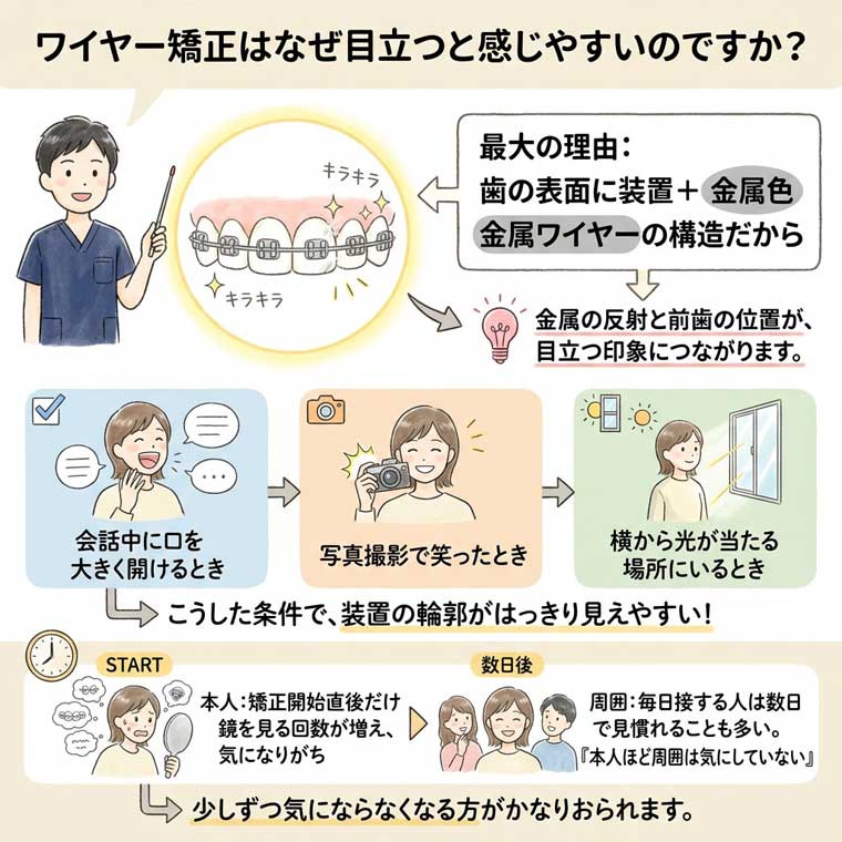 ワイヤー矯正はなぜ目立つと感じやすいの？の図解