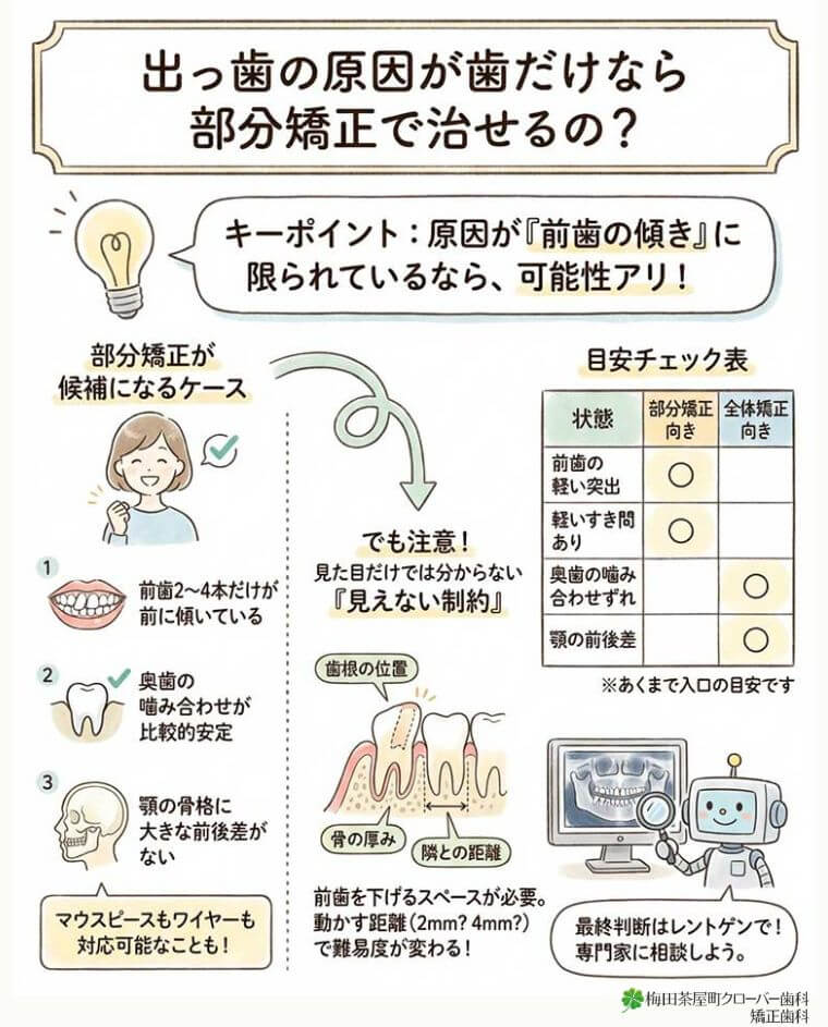 出っ歯の原因が歯だけなら部分矯正で治せるの？の図解