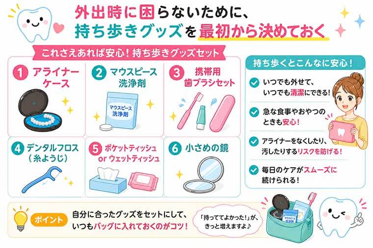 外出時に困らないために、持ち歩きグッズを最初から決めておくの図解
