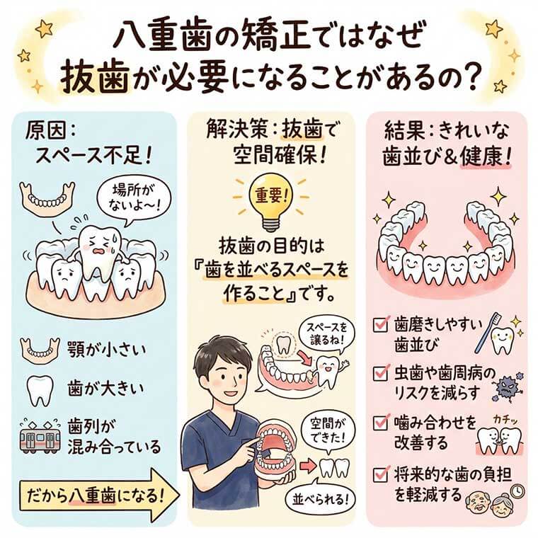 八重歯の矯正ではなぜ抜歯が必要になることがあるの？の図解