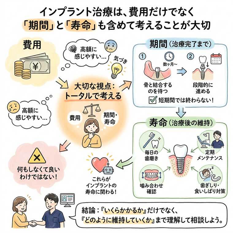 インプラント治療は、費用だけでなく「期間」と「寿命」も含めて考えることが大切の図解