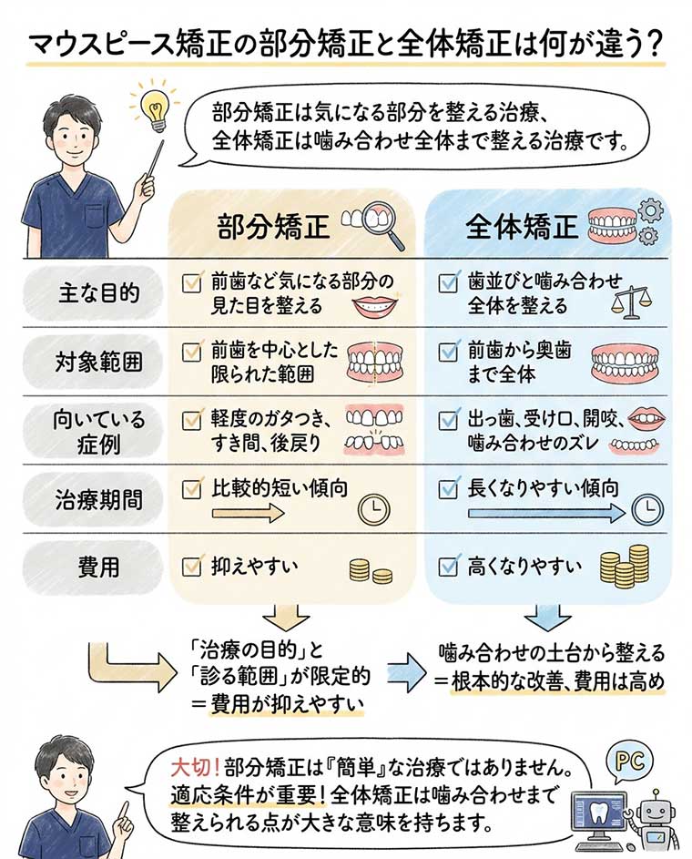 マウスピース矯正の部分矯正と全体矯正は何が違う？の図解