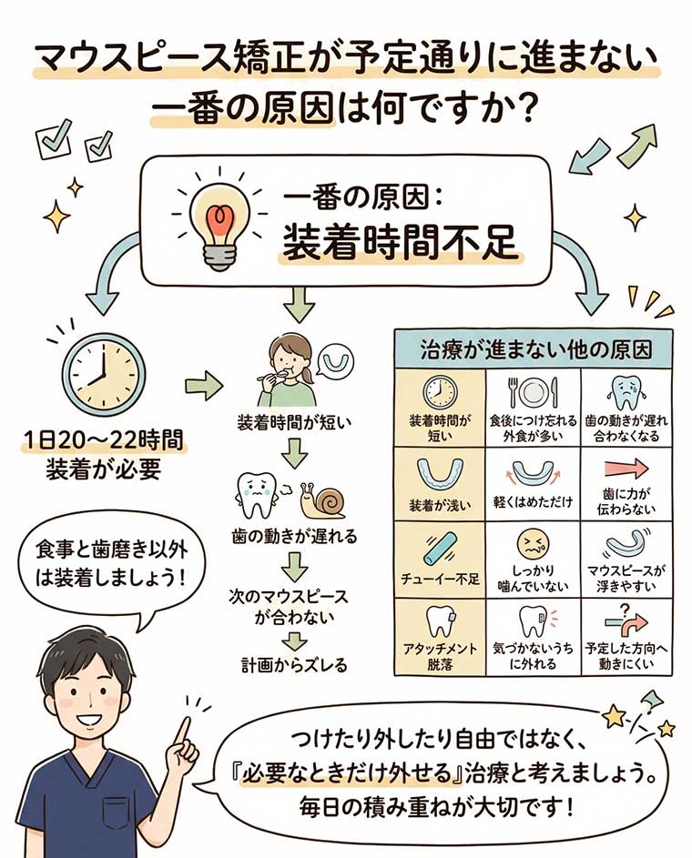 マウスピース矯正が予定通りに進まない一番の原因は何ですか？の図解