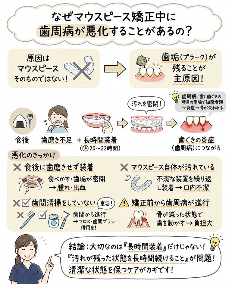 なぜマウスピース矯正中に歯周病が悪化することがあるの？の図解
