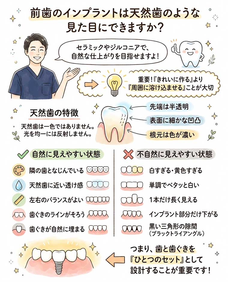 前歯のインプラントは天然歯のような見た目にできますか？の図解