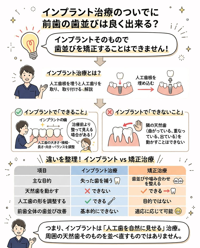 インプラント治療のついでに前歯の歯並びは良く出来る？の図解